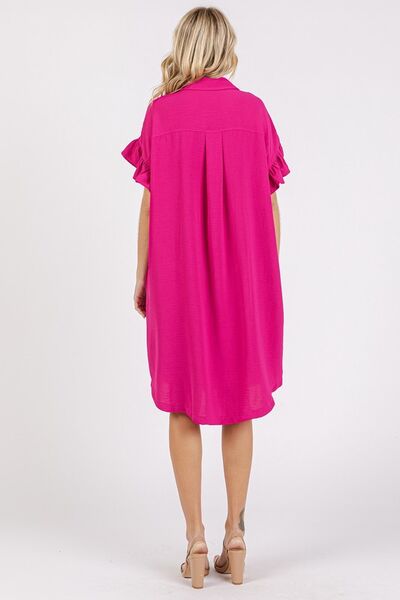 Fuchsia Pink Button Down Flounce Sleeve Dress with Pockets - Tigbul's Variety Fashion Shop