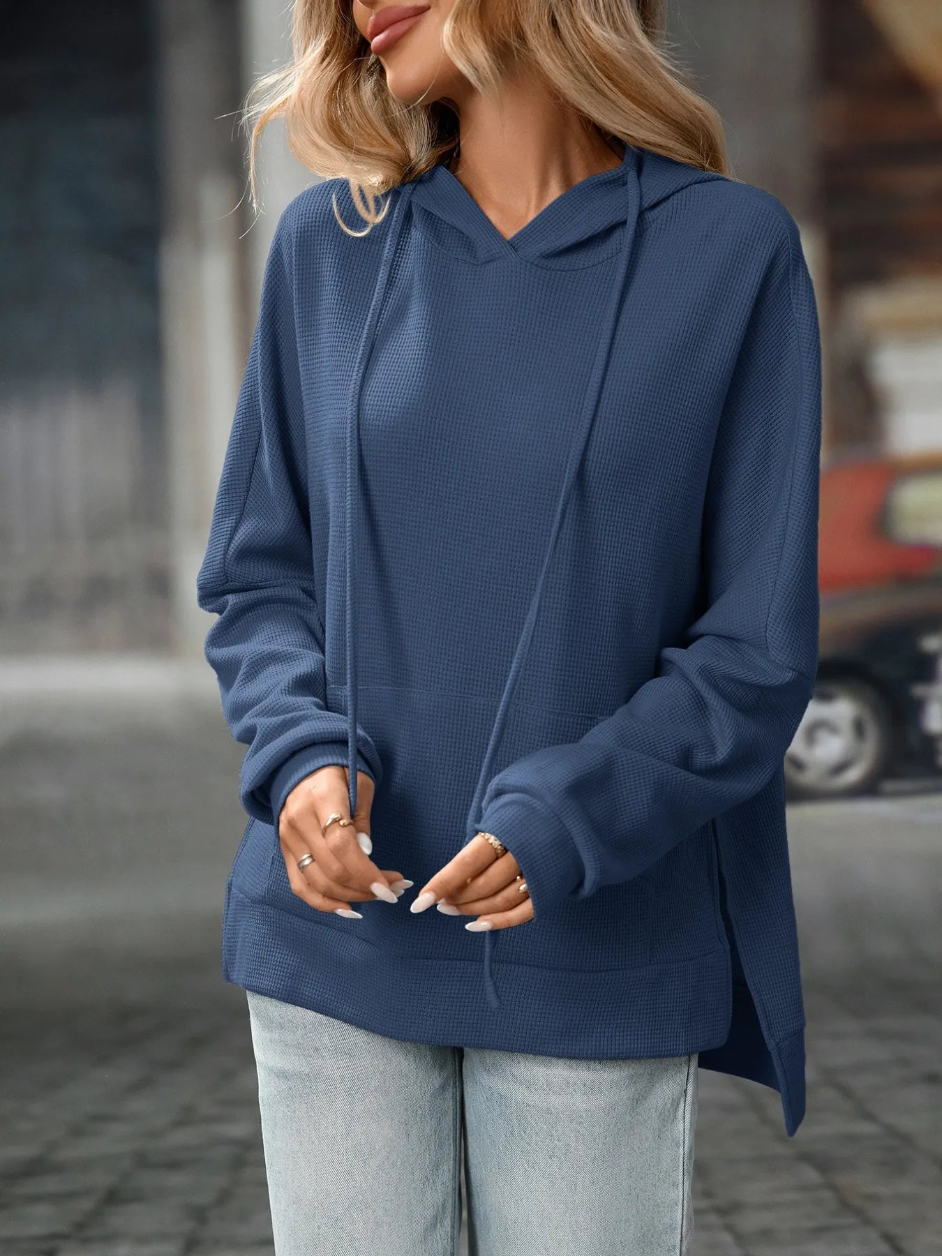 Textured Drawstring Long Sleeve Hoodie - Tigbul's Variety Fashion Shop