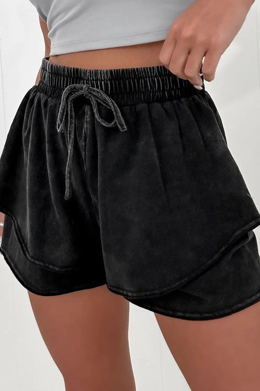 Black Mineral Wash French Terry High Waist Casual Shorts - Tigbul's Variety Fashion Shop