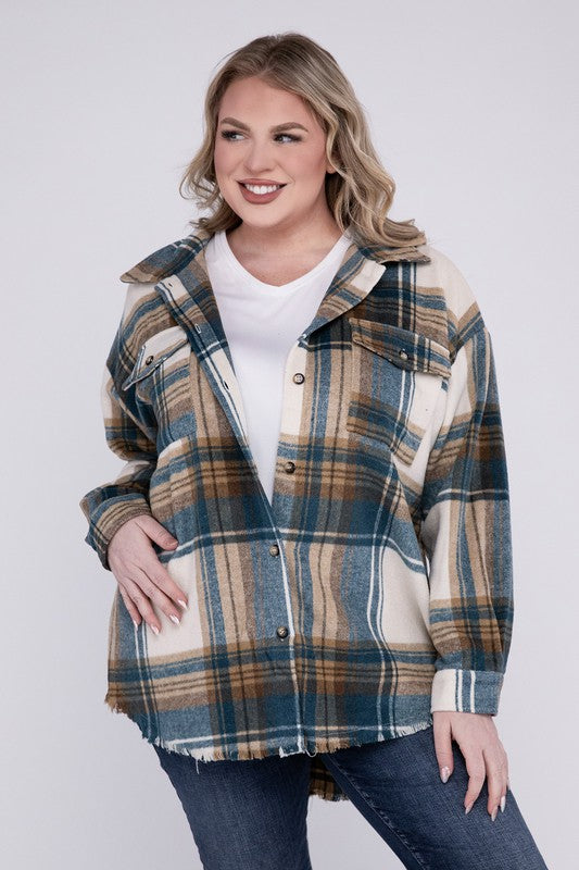 Plus Size Yarn Dyed Plaid Shirt Jacket - Tigbuls Variety Fashion