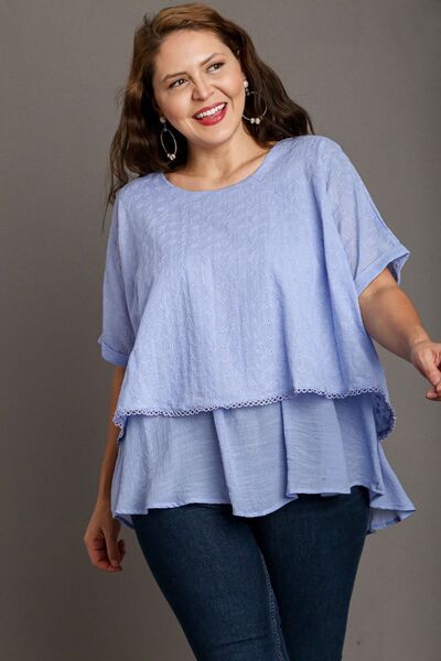 Light Blue Eyelet Layered Short Sleeve Blouse - Tigbul's Variety Fashion Shop
