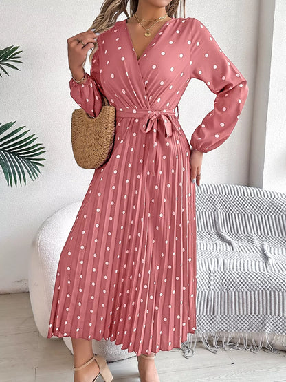 Front Tie Polka Dot Midi Pleated Dress - Tigbul's Variety Fashion Shop