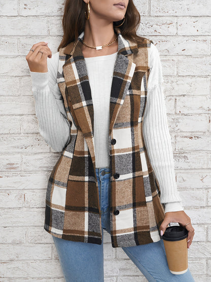 Plaid Button Down Vest Coat - Tigbul's Variety Fashion Shop