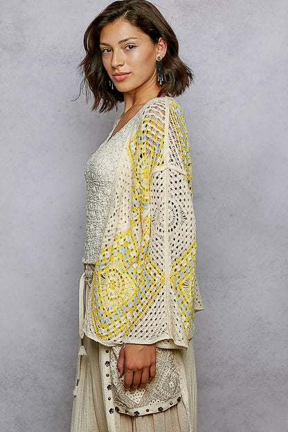 POL Open Front Crochet Cardigan with Granny Square Pattern - Tigbul's Variety Fashion Shop