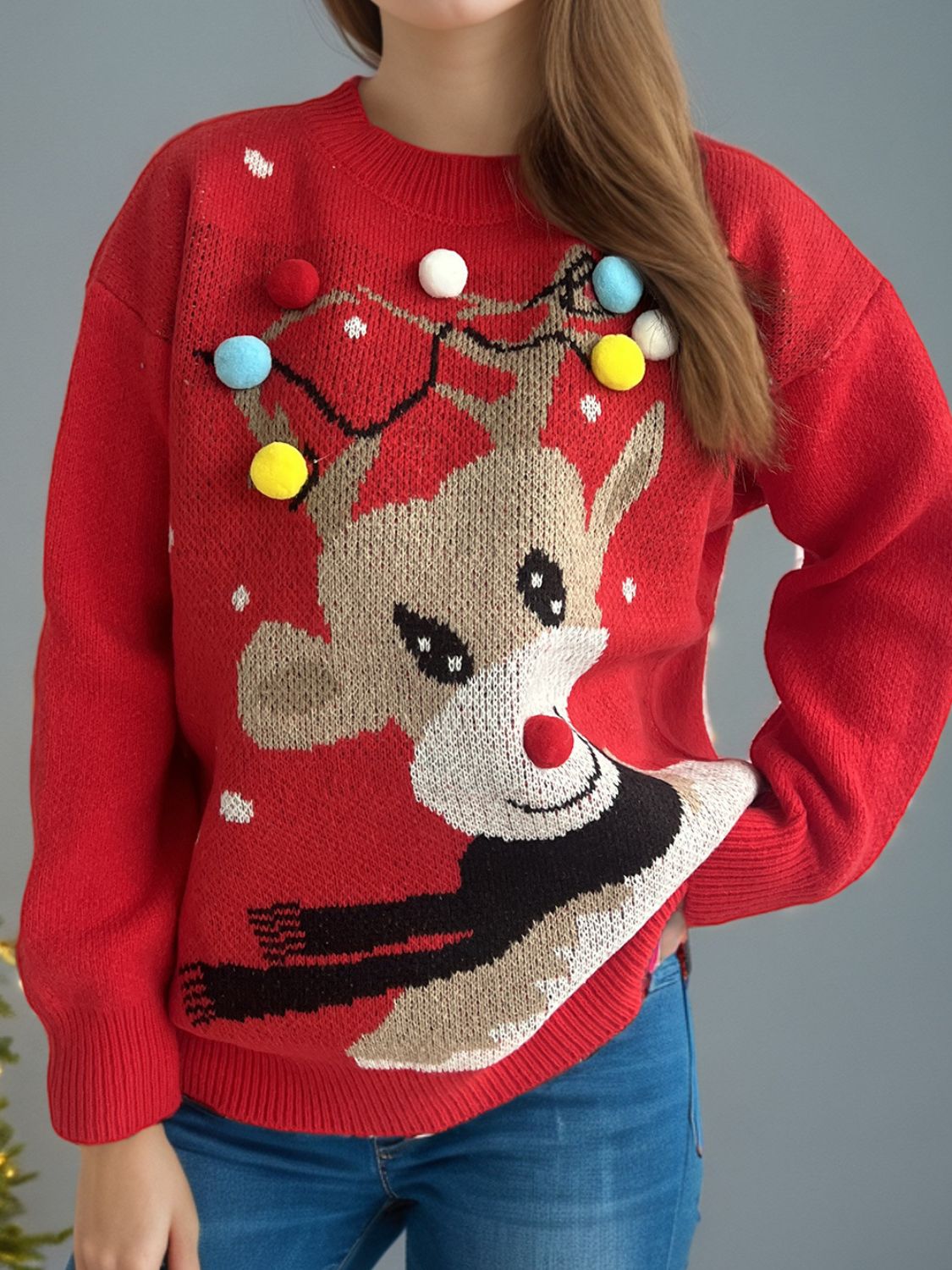 Reindeer Round Neck Long Sleeve Sweater - Tigbul's Variety Fashion Shop