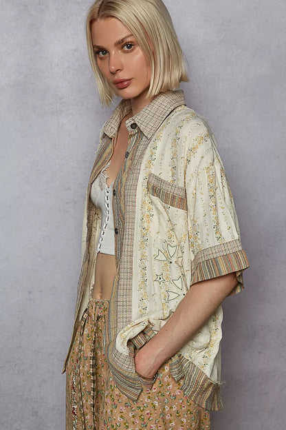 POL Printed Button Down Patchwork Short Sleeve Shirt - Tigbul's Variety Fashion Shop