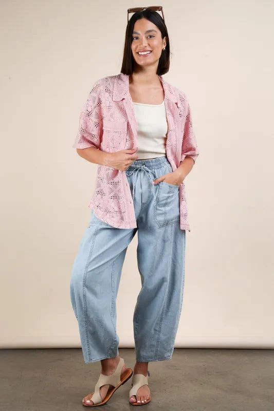 Pink Plus Size Oversized Crochet Button Down Shirt Top - Tigbul's Variety Fashion Shop