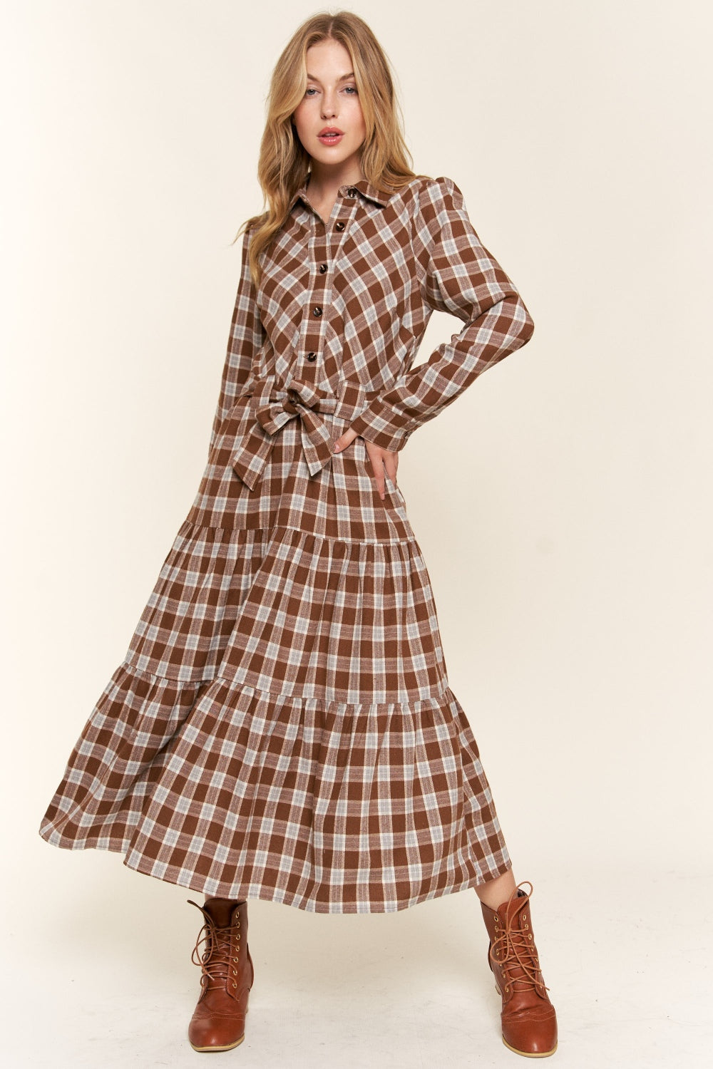 And the Why Plaid Tiered Midi Shirt Dress - Tigbul's Variety Fashion Shop