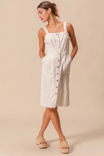 Button Down Pocket Front Off White Pinafore Dress - Tigbul's Variety Fashion Shop