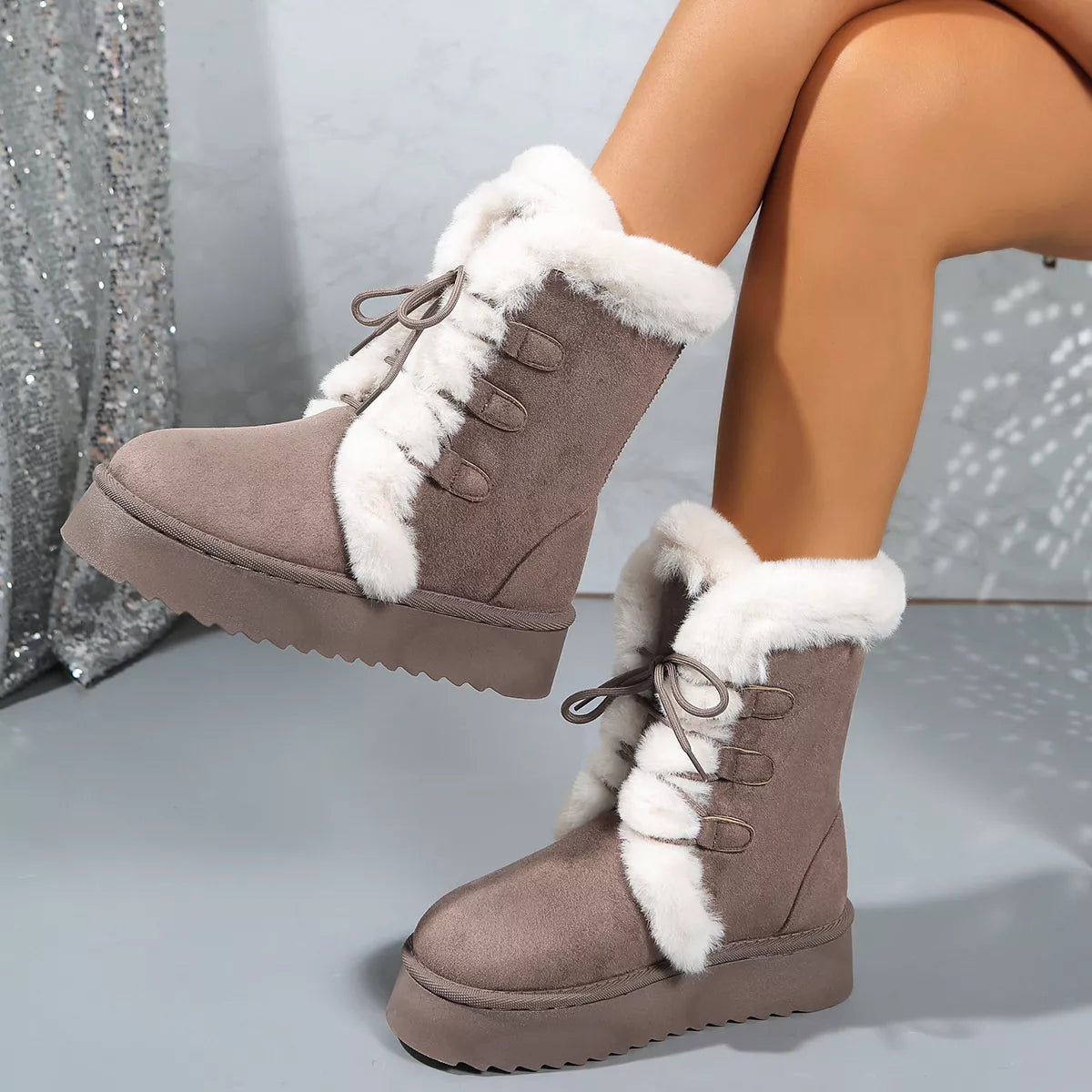 Fuzzy Trim Lace-Up Platform Boots - Tigbul's Variety Fashion Shop