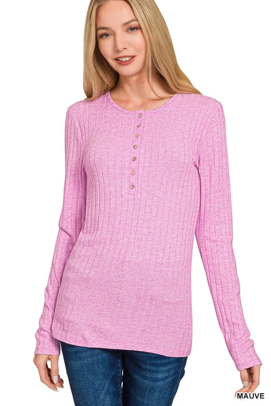 Zenana Ribbed Long Sleeve Half Button Top - Tigbul's Variety Fashion Shop