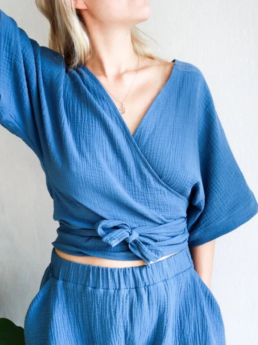 Tied Textured Half Sleeve Blue Blouse - Tigbul's Variety Fashion Shop
