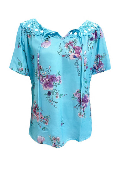 Full Size Printed Tie Neck Short Sleeve Blouse - Tigbul's Variety Fashion Shop