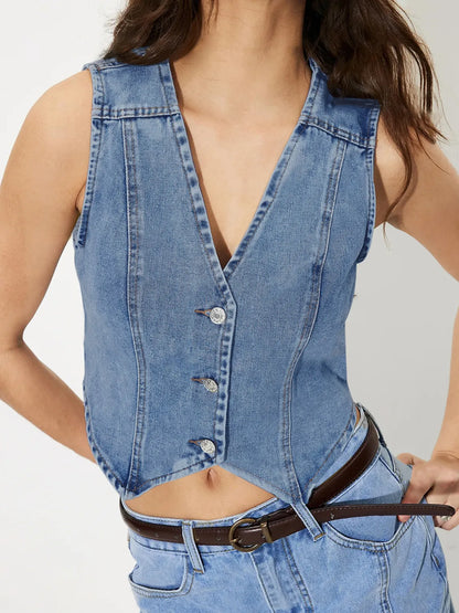 Button-Up Sleeveless Denim Vest - Tigbul's Variety Fashion Shop