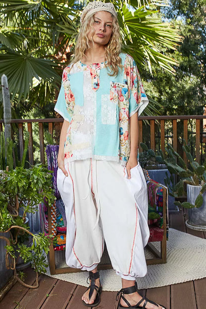 POL Lace Round Neck Short Sleeve Floral Pattern Top with Patch Detail - Tigbul's Variety Fashion Shop