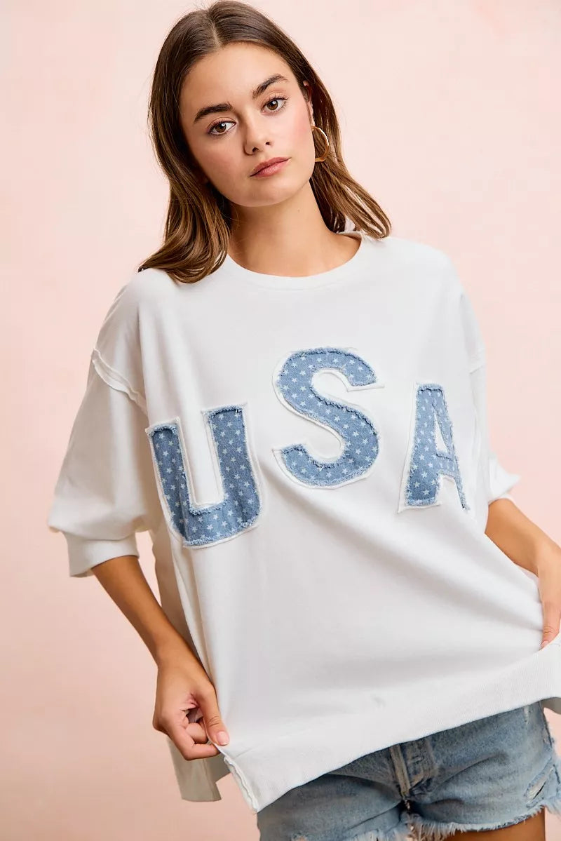 USA Letter Patchwork White French Terry Top Women's | Tigbuls Fashion