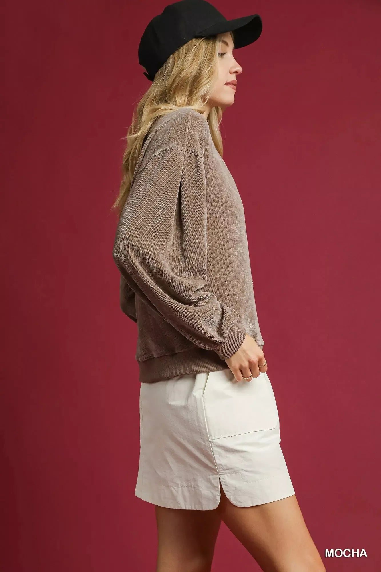Umgee Velour Crewneck Balloon Sleeve Sweatshirt - Tigbul's Variety Fashion Shop