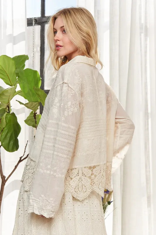 Beige Crochet Lace Long Sleeves Button Down Shirt - Tigbul's Variety Fashion Shop