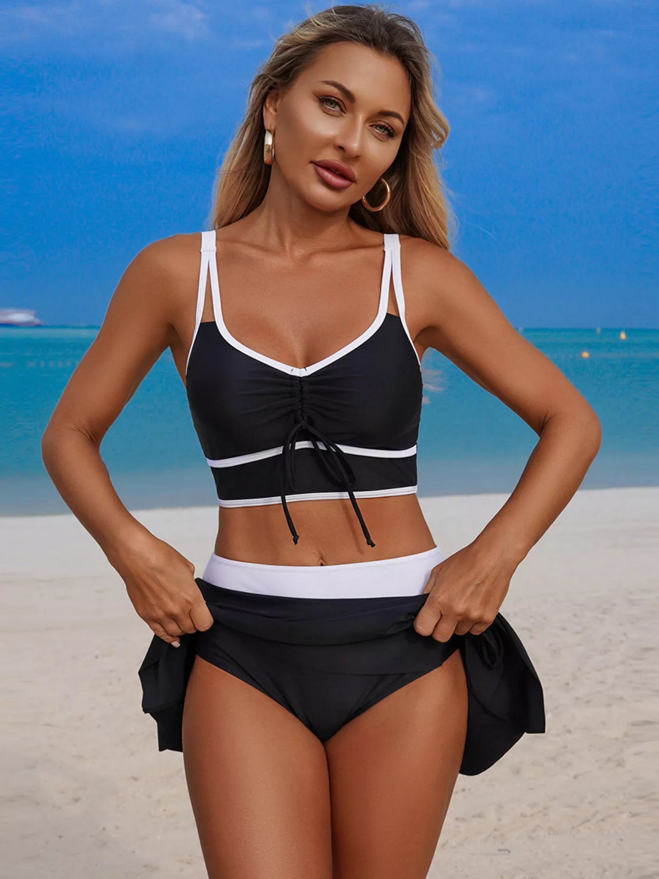 Contrast trim drawstring swim set, black with white piping and tie-front top