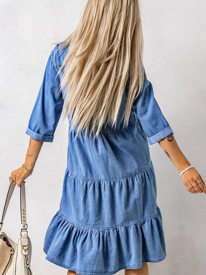 Full Size Ruffled Hem Button Up Denim Midi Dress Plus Size - Tigbul's Variety Fashion Shop