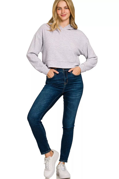 Zenana Drop Shoulder Ribbed Crop Hoodie - Tigbul's Variety Fashion Shop