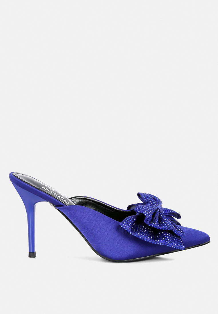 Elisda Blue Diamante Bow Heeled Mules - Tigbul's Variety Fashion Shop