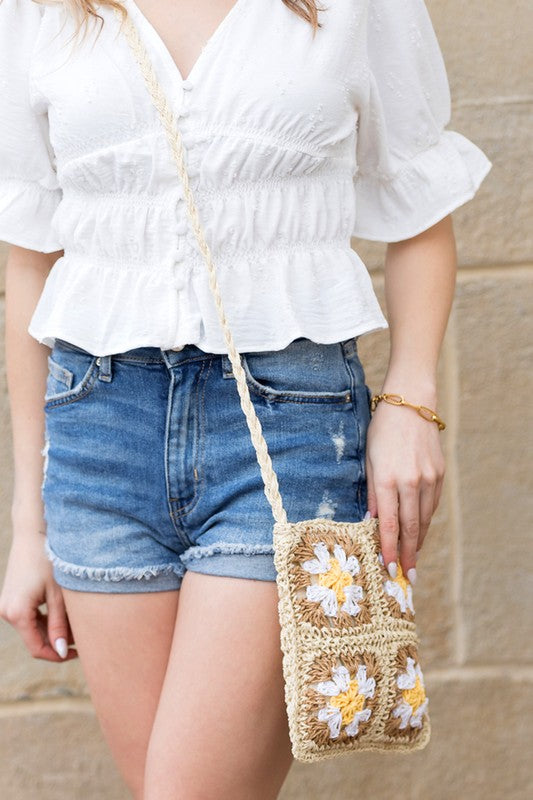 Eliza Crochet Straw Crossbody, neutral straw with small yellow/white flower motifs