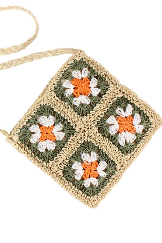 Crochet straw crossbody, olive crochet with orange and white flower appliqués