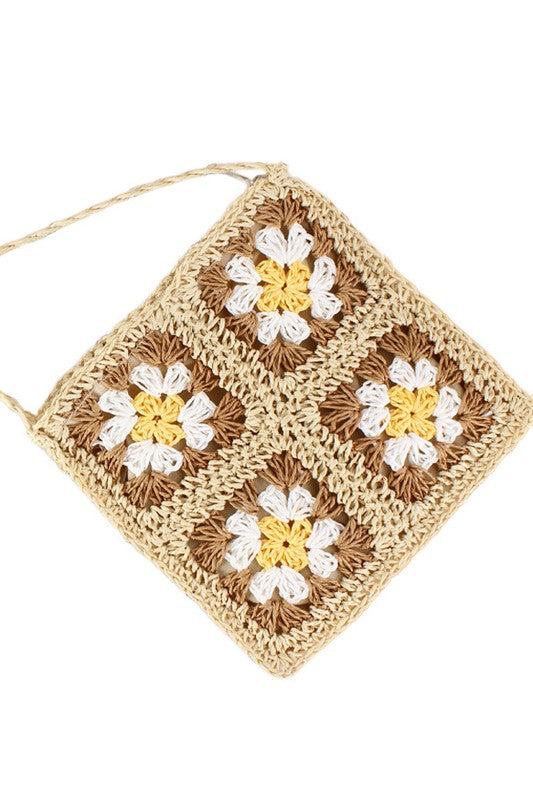 Crochet straw crossbody, mocha/tan crochet with white and yellow flower appliqués