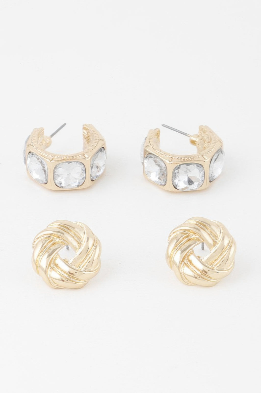 Gold-tone zircon earrings: chunky hoops with clear stones, stud backs