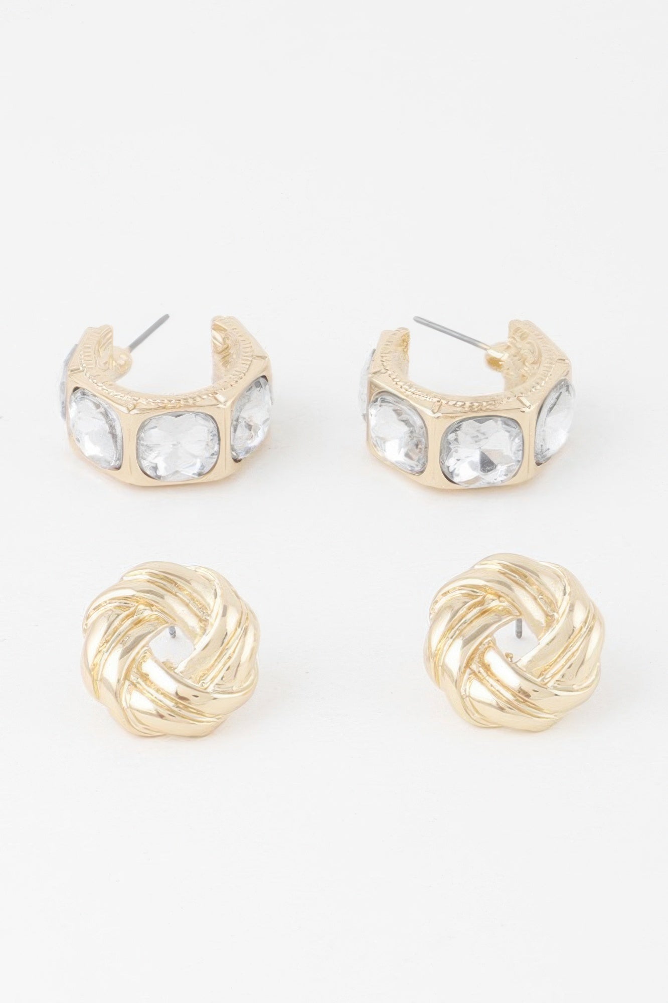 Gold-tone zircon earrings: chunky hoops with clear stones, stud backs