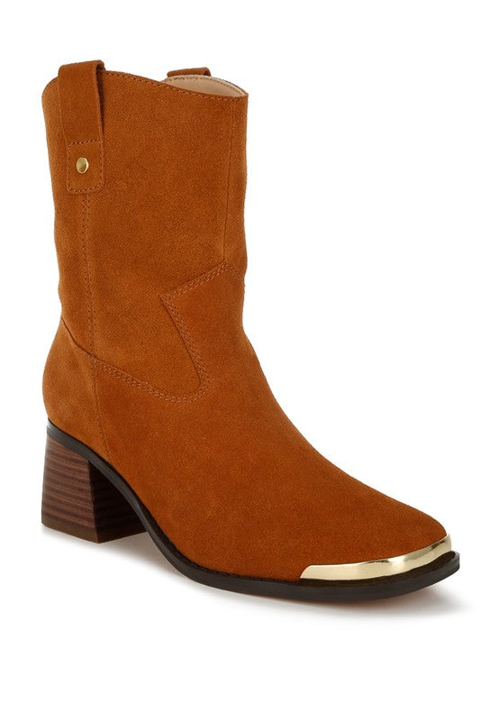 Emberly Suede Square Toe Ankle Boots, braunes Wildleder mit Blockabsatz