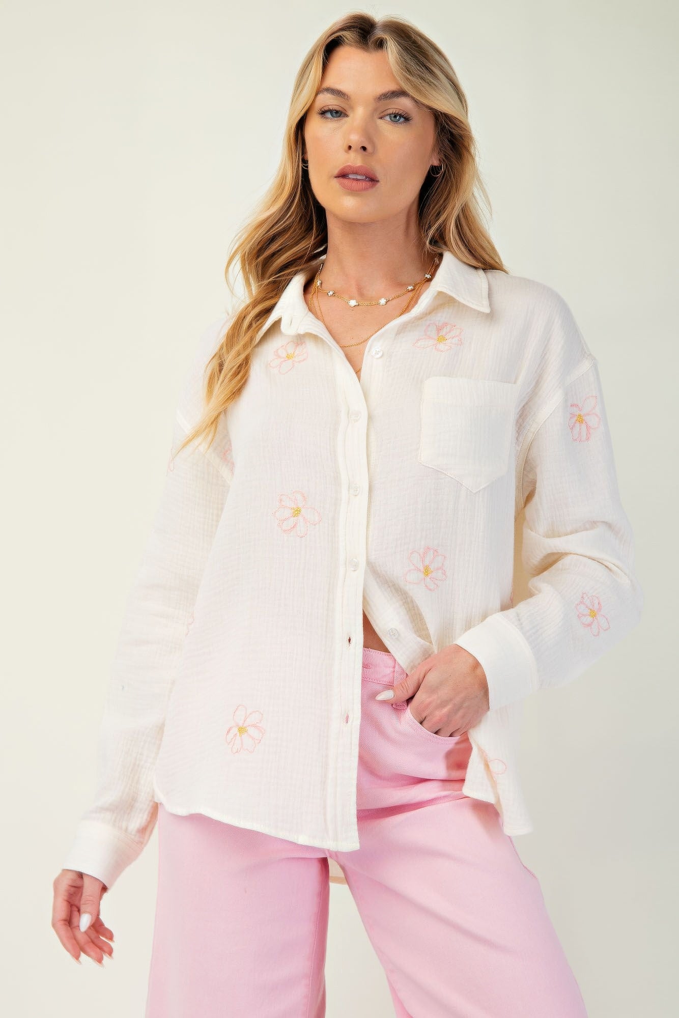 Embo cotton gauze button-down shirt, cream with floral embroidery and front pocket