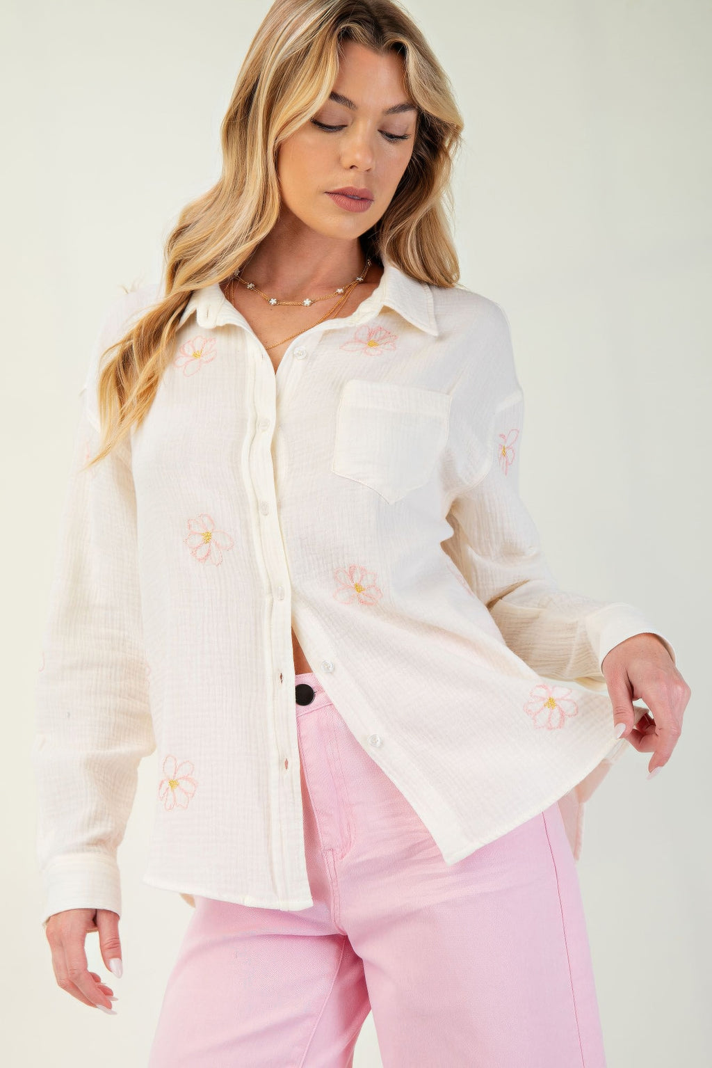 Cream cotton gauze button-down shirt, long sleeves, floral embroidery near cuffs
