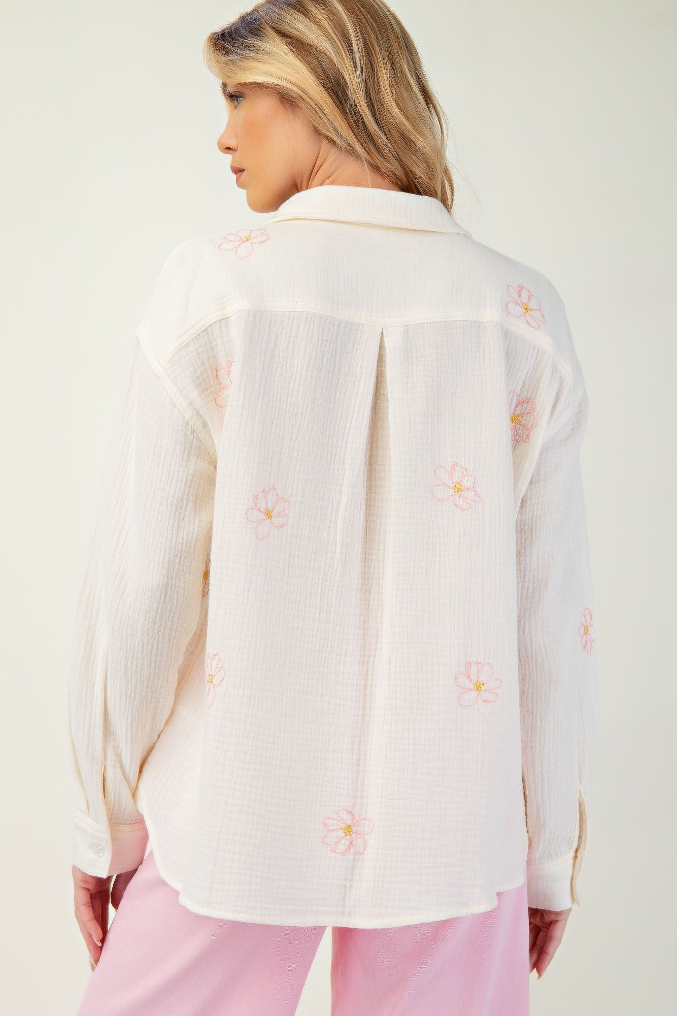 Cream cotton gauze button-down shirt, back view with scattered floral embroidery