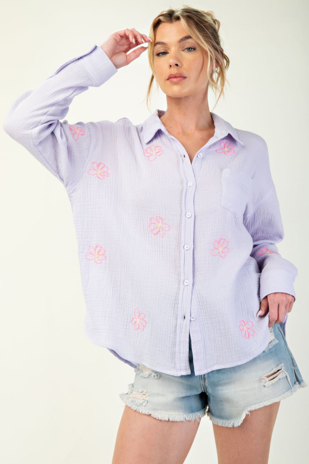Lavender cotton gauze button-down shirt, long sleeves, pink floral embroidery all over