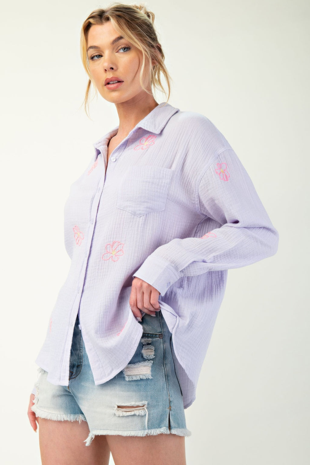 Lavender cotton gauze button-down shirt, side view with embroidered chest pocket