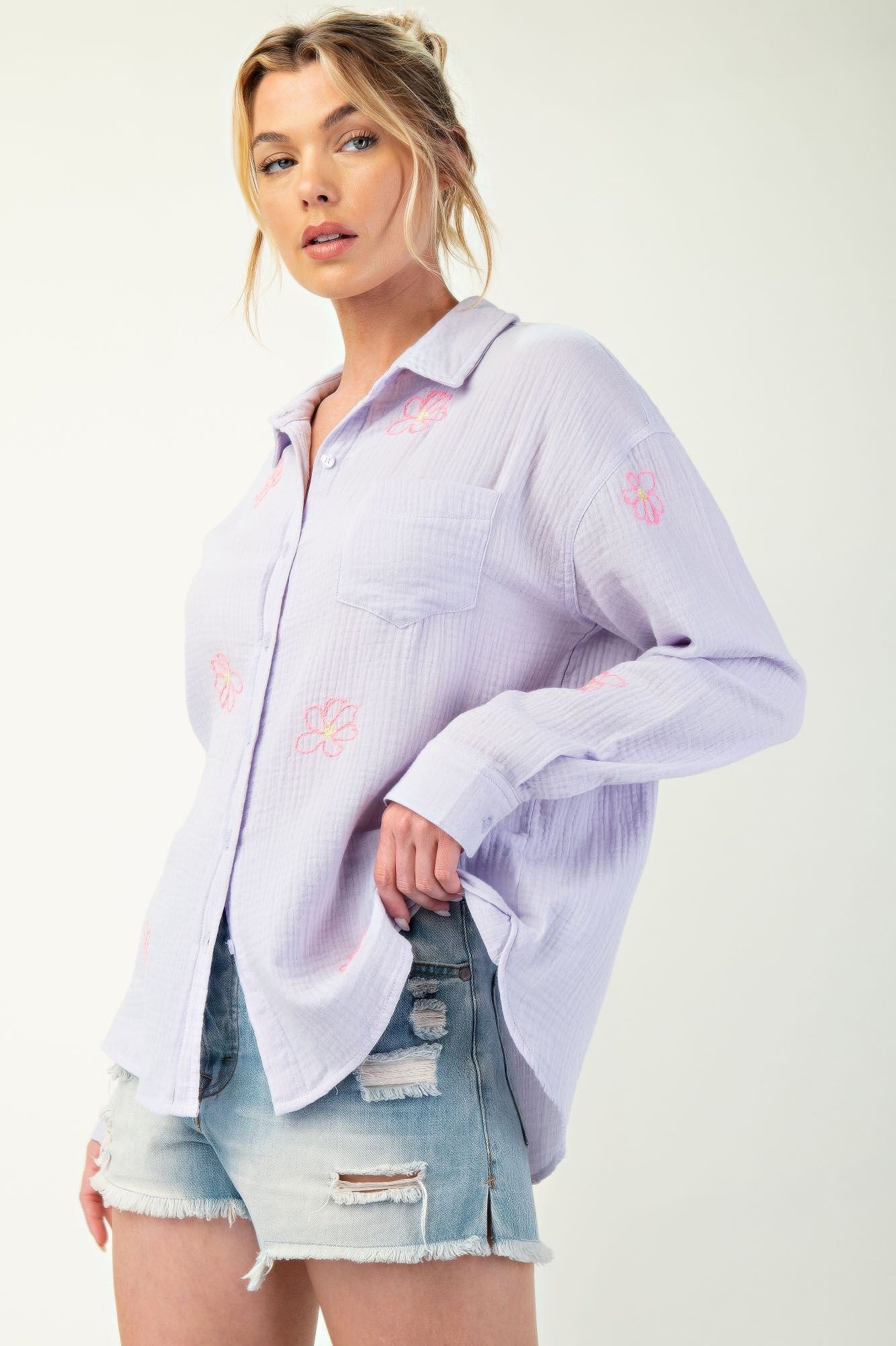 Lavender cotton gauze button-down shirt, side view with embroidered chest pocket