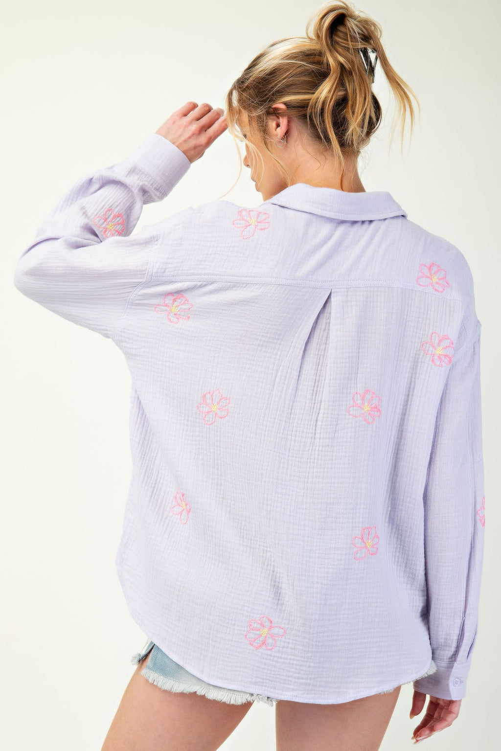 Lavender cotton gauze button-down shirt, back view with floral embroidery on upper yoke