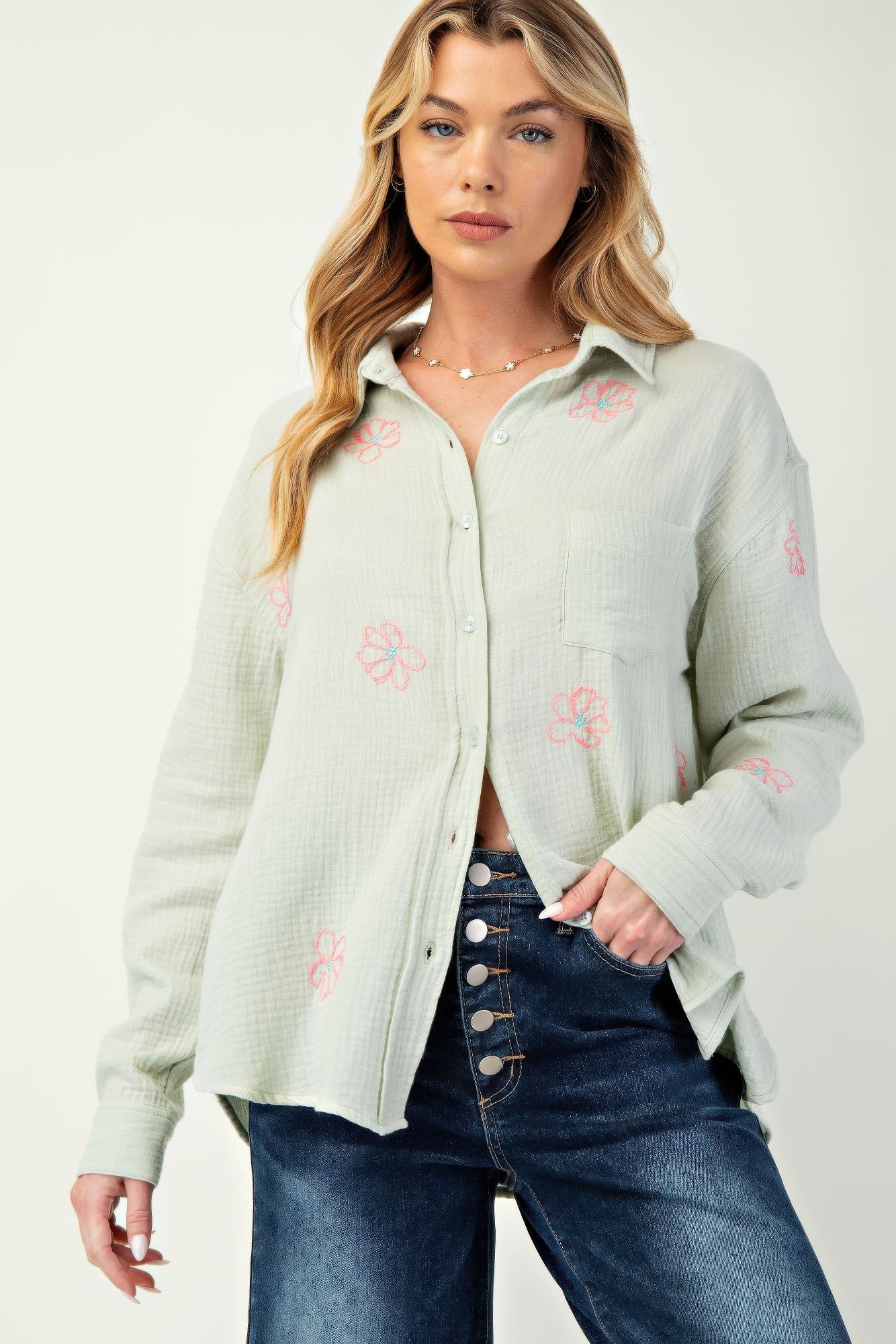 Sage green cotton gauze button-down shirt with pink floral embroidery, chest pocket