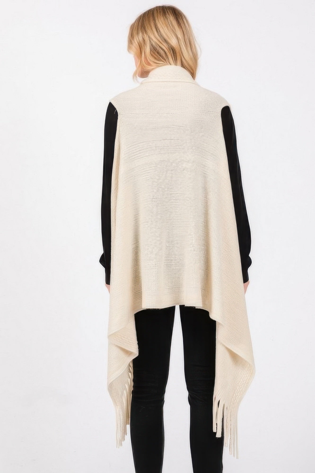 Back view: ivory knit vest with draped back and hanging tassels