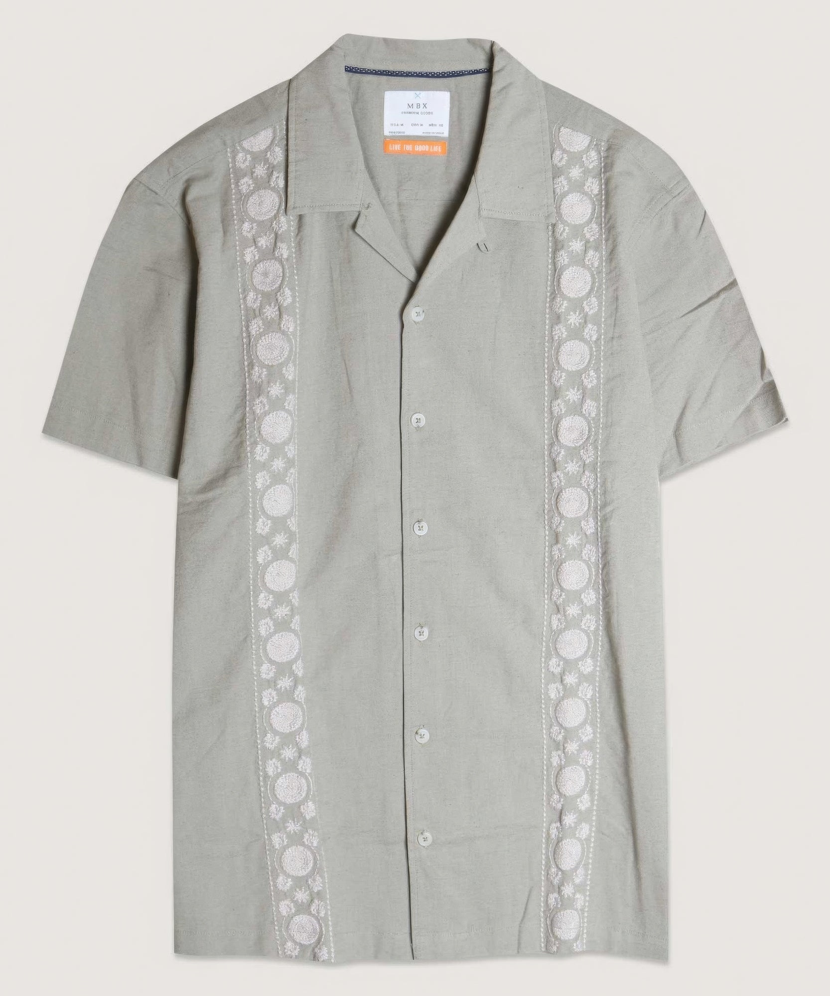 Embroidered-panel camp shirt, light gray with white circular trim on front placket