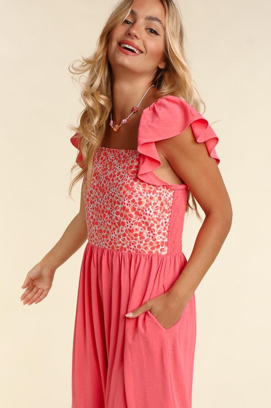 Coral maxi dress with embroidered dot bodice, flutter sleeve ruffles and side pocket