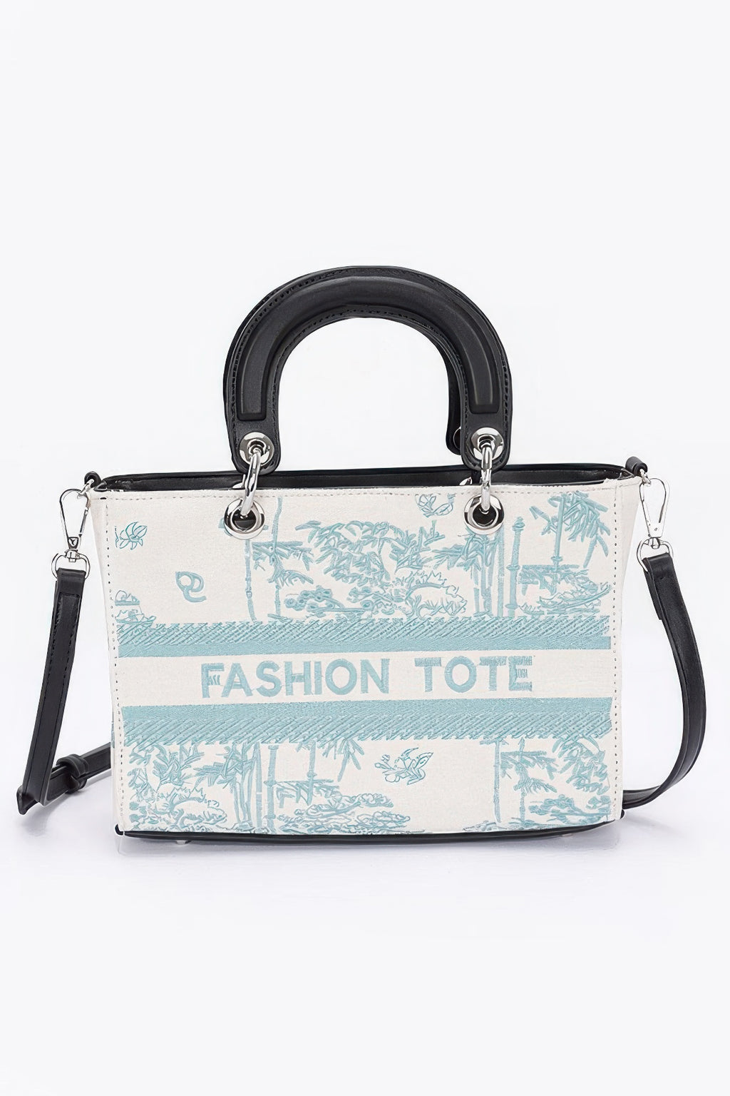 Stickerei Faux-Leder Tote Bag, weiß mit türkisfarbenem Druck, schwarze Henkel