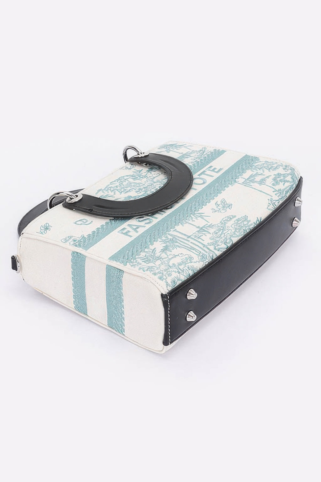 Faux-Leder Tote Bag, Vorder-/Seitenansicht, weiß/türkis mit Tragegriffen und Metallösen