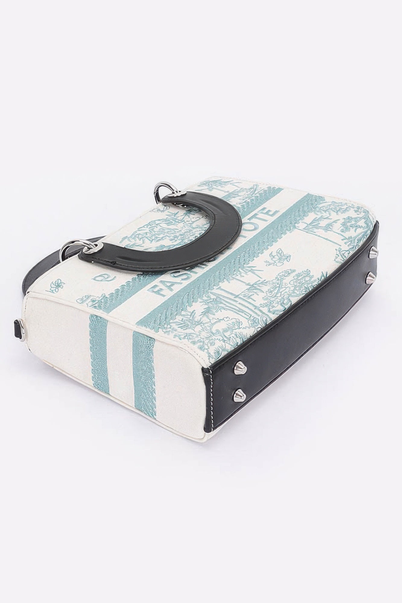 Faux-Leder Tote Bag, Vorder-/Seitenansicht, weiß/türkis mit Tragegriffen und Metallösen