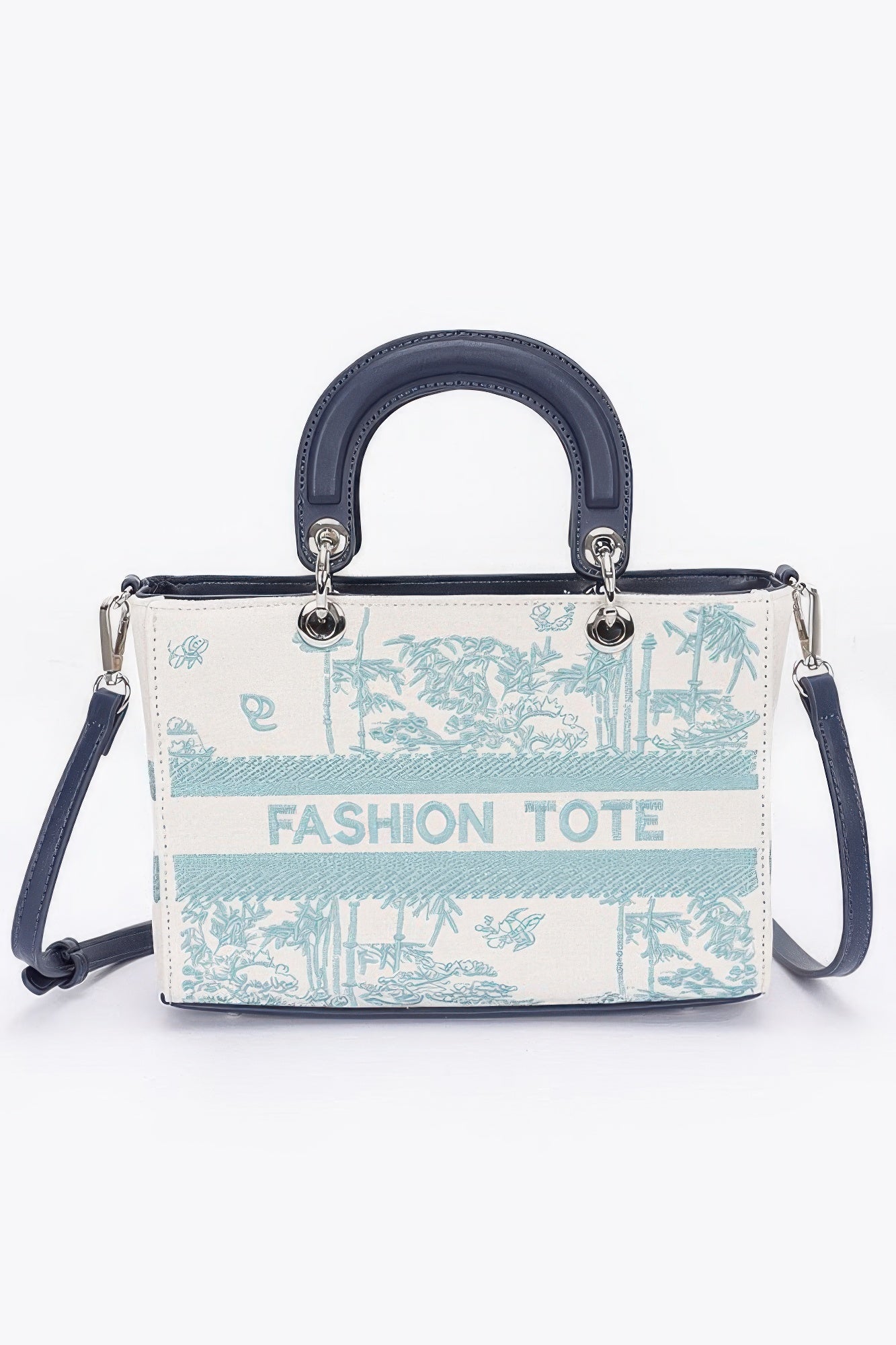 Embroidery Faux Leather Tote Bag, weiß/türkis bedruckt, schwarze kurze und lange Träger