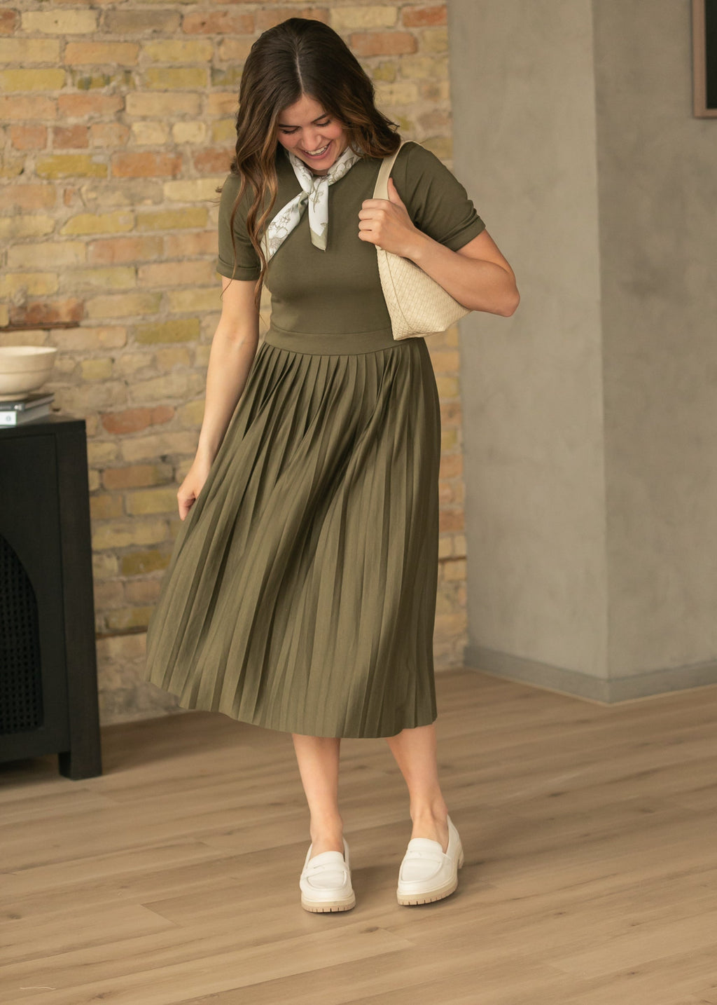 Emersyn Olive Pleated Midi Dress - FINAL SALE