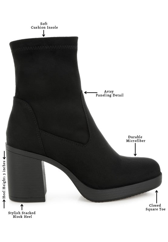Schwarze Microfaser-Sockboot, geschlossener eckiger Zeh, Blockabsatz, weiches Futter