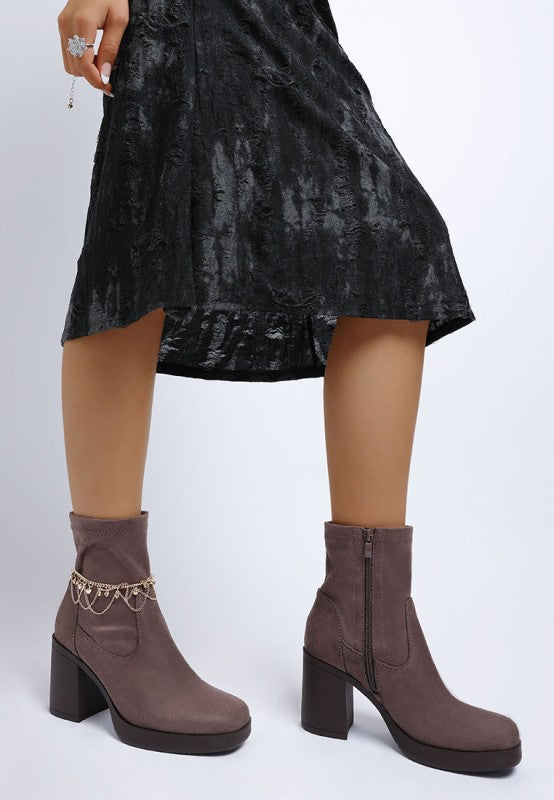 Taupe microfiber sock boots with chunky heel and side zipper, ankle chain detail